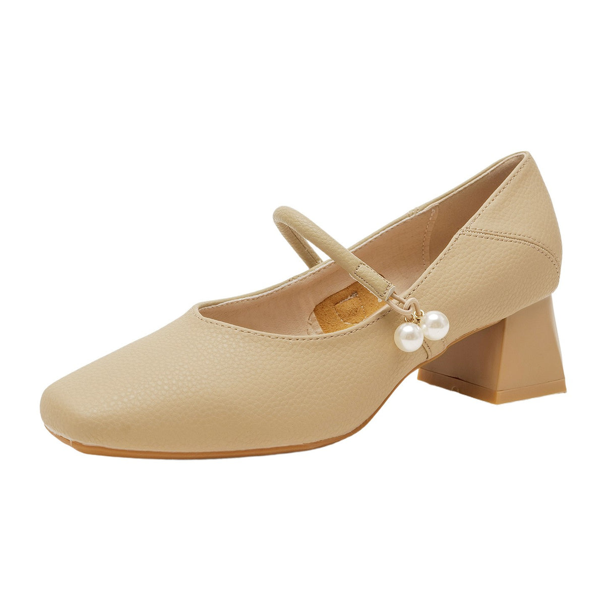 Pearl Charm Square Toe Mary Jane Pumps - Khaki 2in Heel