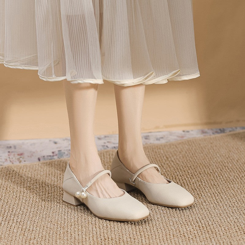 Pearl Charm Square Toe Mary Jane Pumps