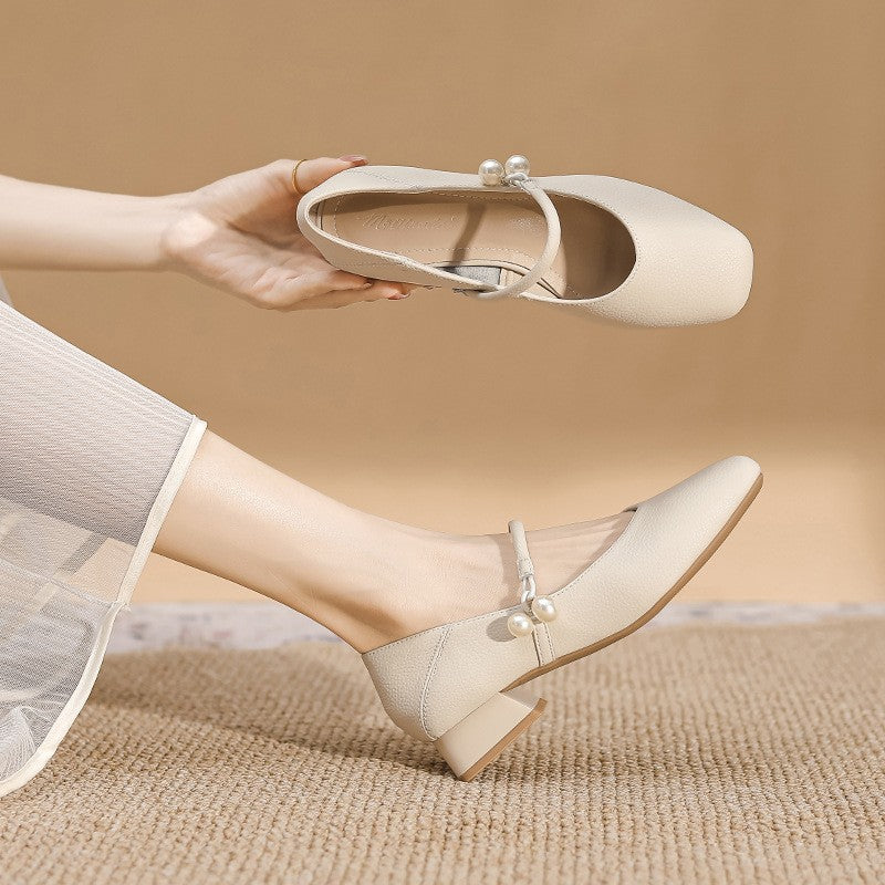 Pearl Charm Square Toe Mary Jane Pumps