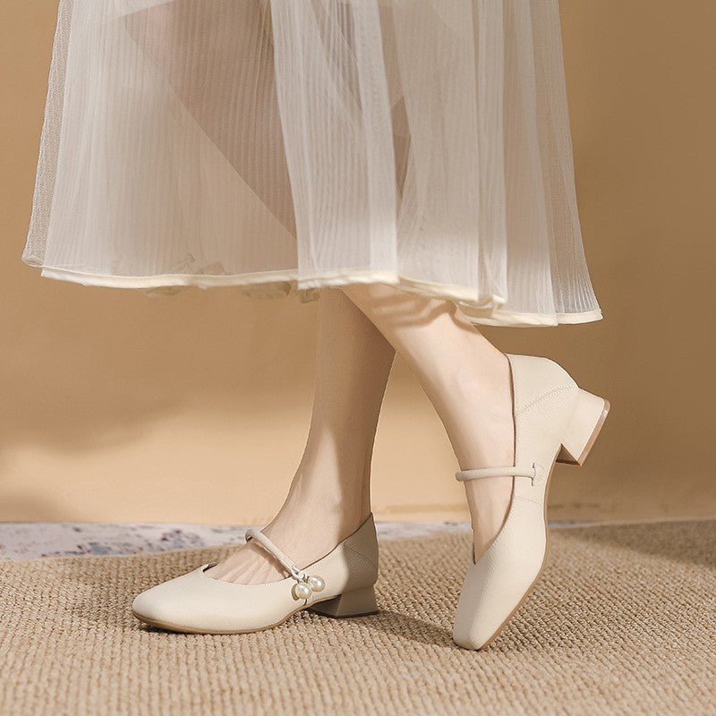 Pearl Charm Square Toe Mary Jane Pumps