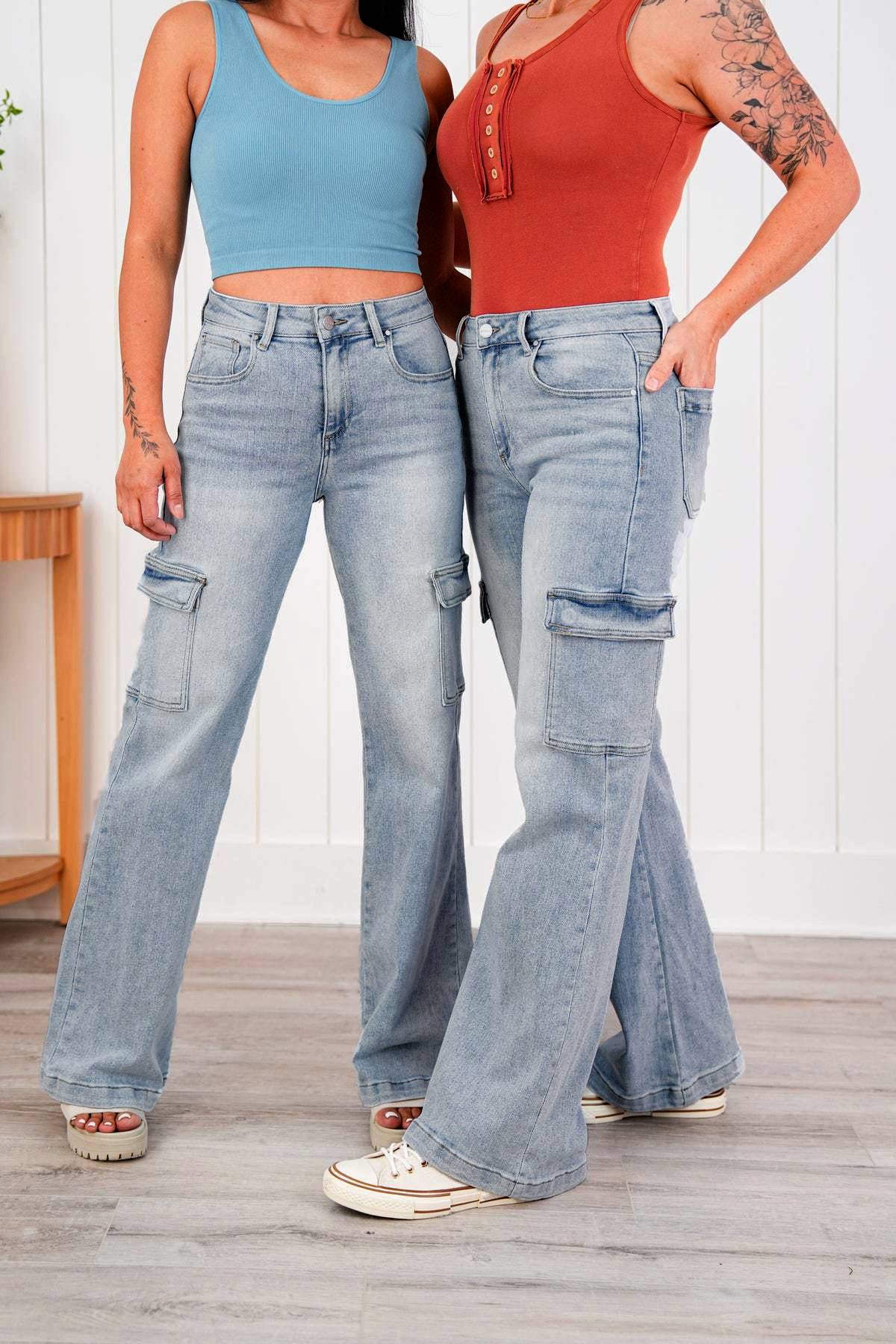 High Rise Wide Leg Cargo Jeans - LtBlue