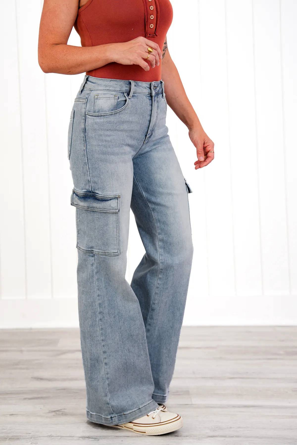 High Rise Wide Leg Cargo Jeans - LtBlue - 2