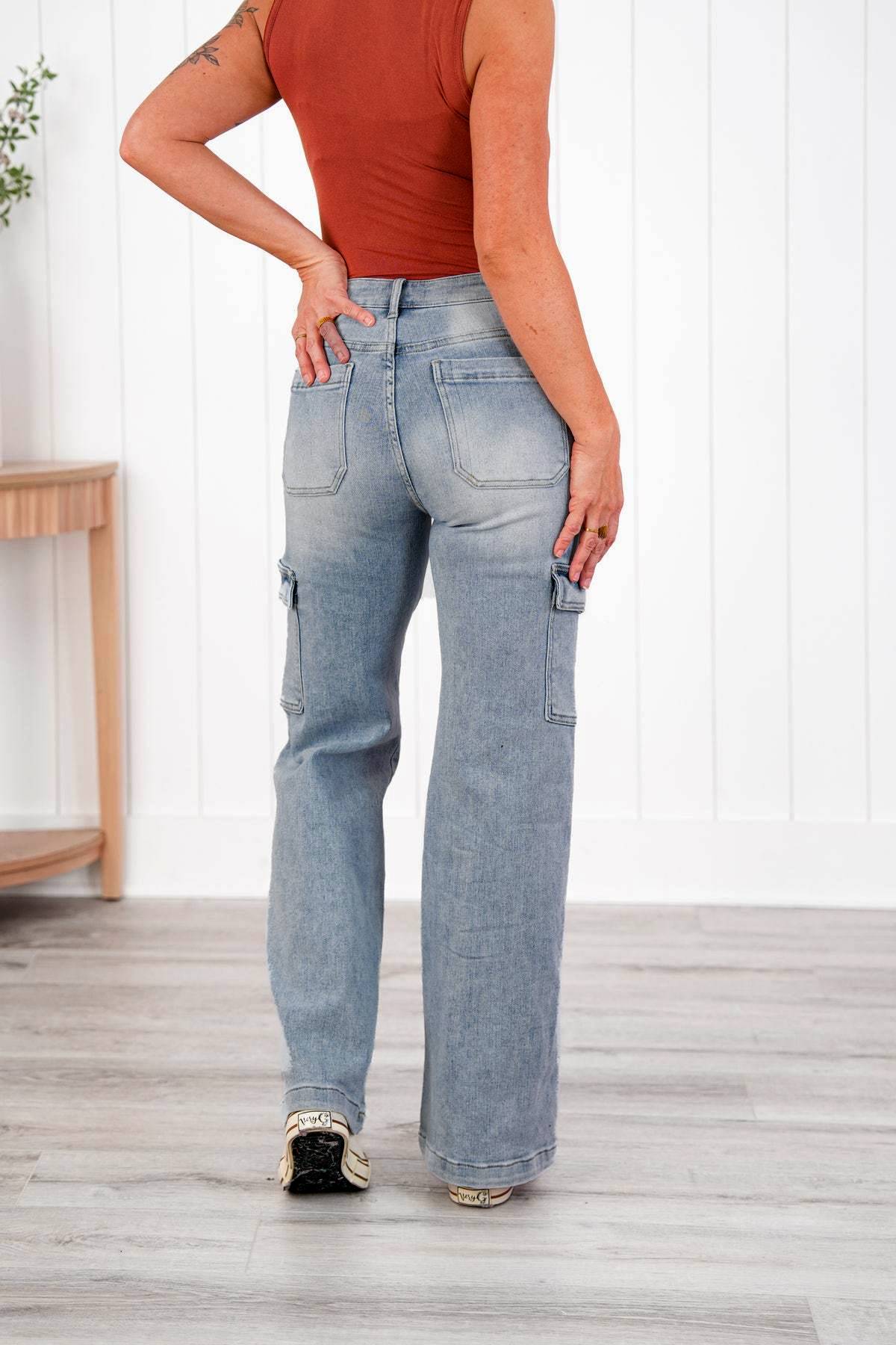 High Rise Wide Leg Cargo Jeans - LtBlue - 3