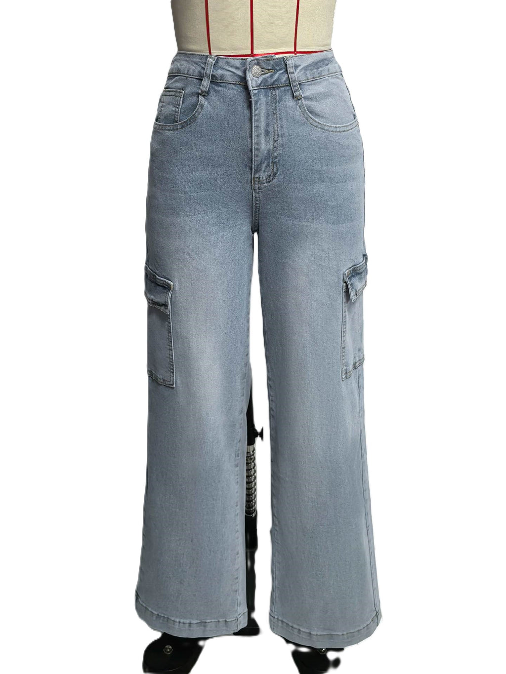 High Rise Wide Leg Cargo Jeans - LtBlue - 4