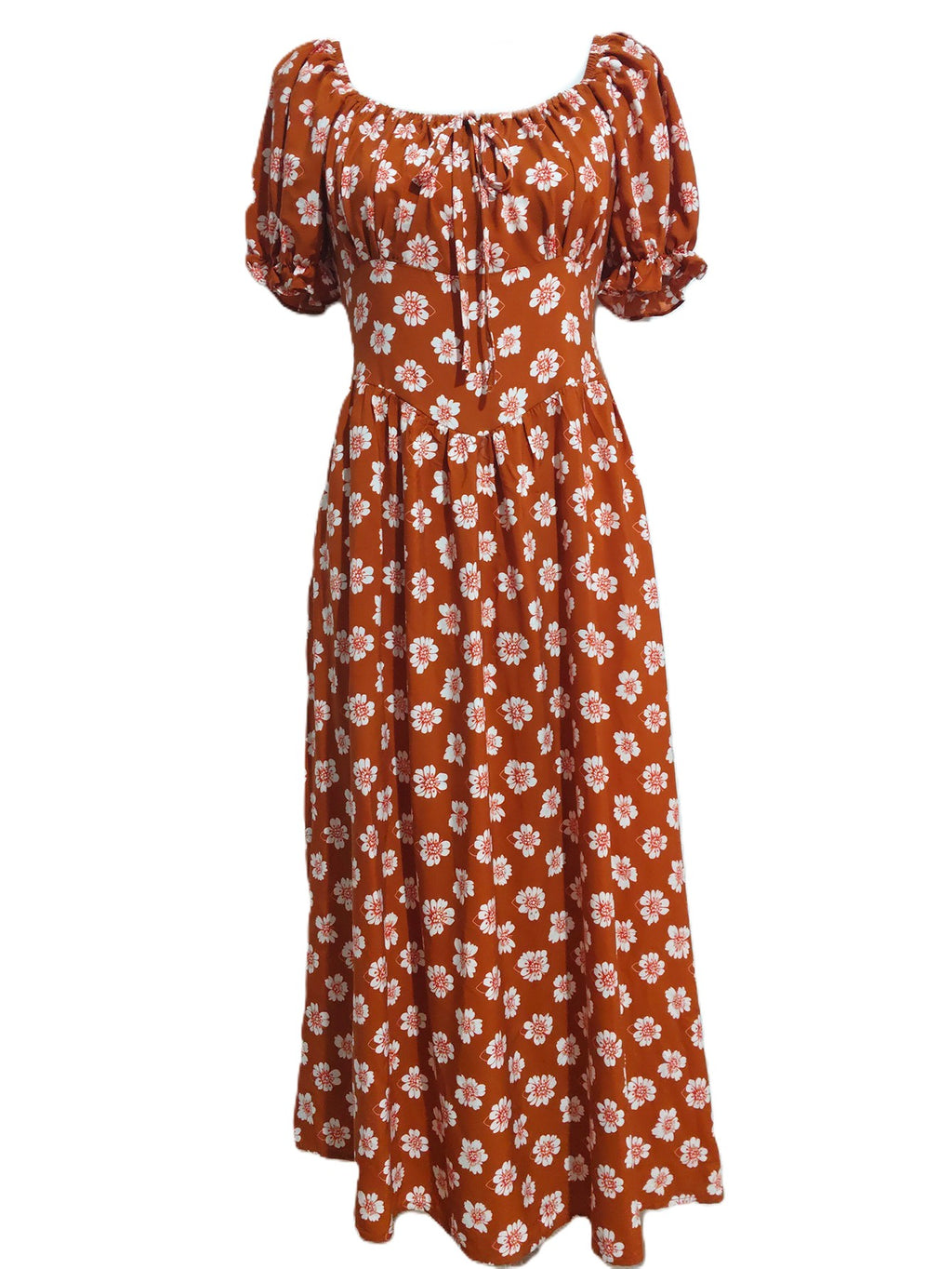 Square Neck Puff Sleeve Floral Midi Dress - Brickred