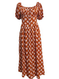 Square Neck Puff Sleeve Floral Midi Dress - Brickred