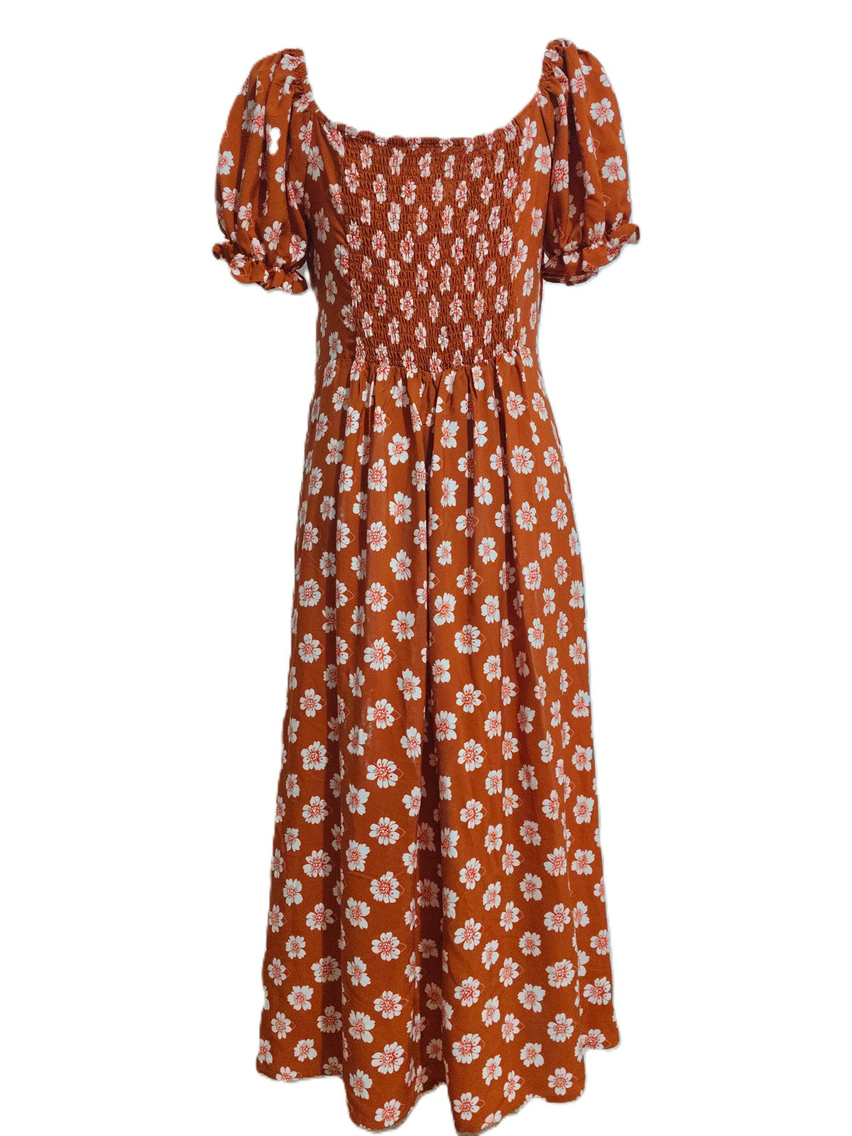 Square Neck Puff Sleeve Floral Midi Dress - Brickred - 1