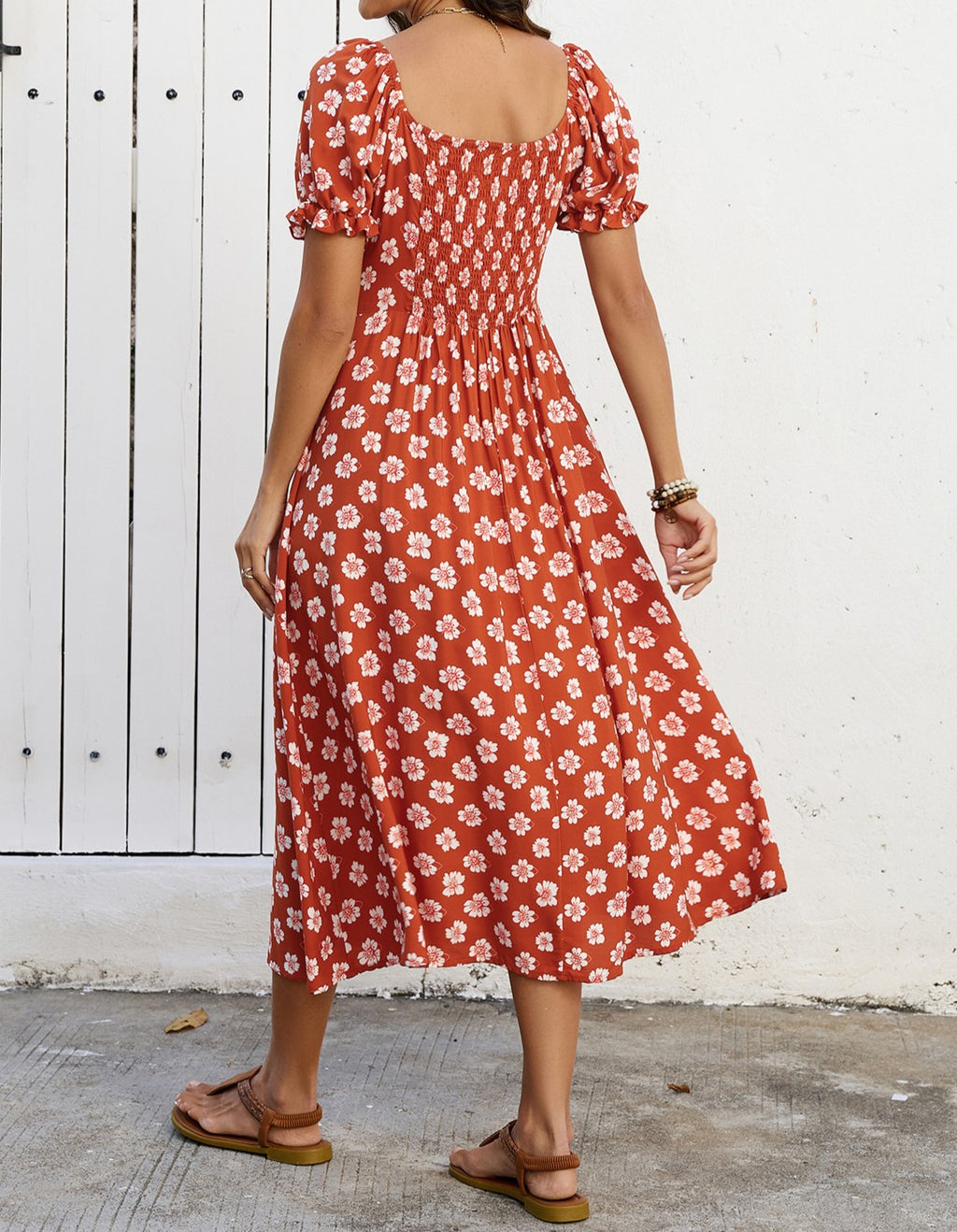 Square Neck Puff Sleeve Floral Midi Dress - Brickred - 2