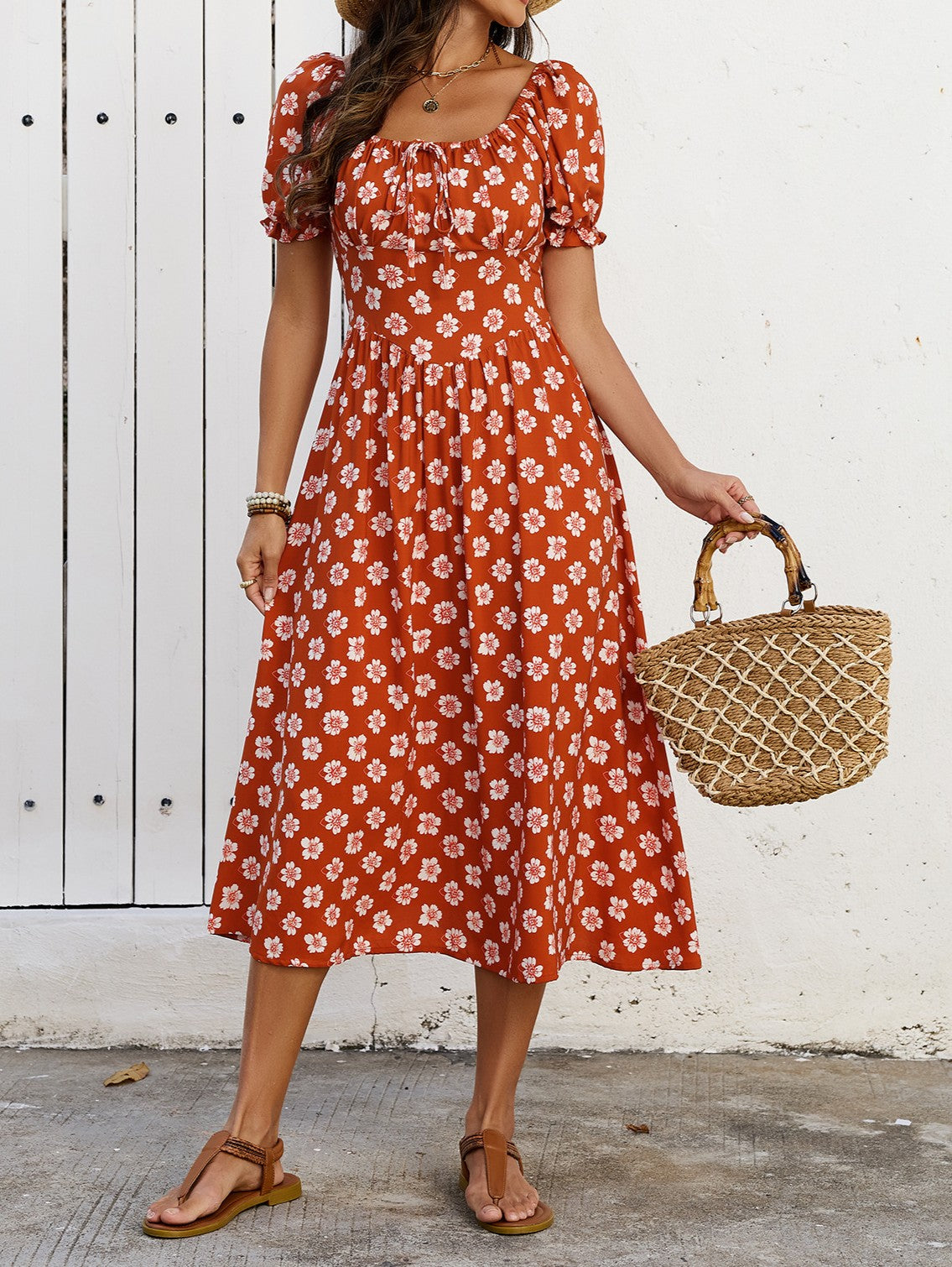 Square Neck Puff Sleeve Floral Midi Dress - Brickred - 3