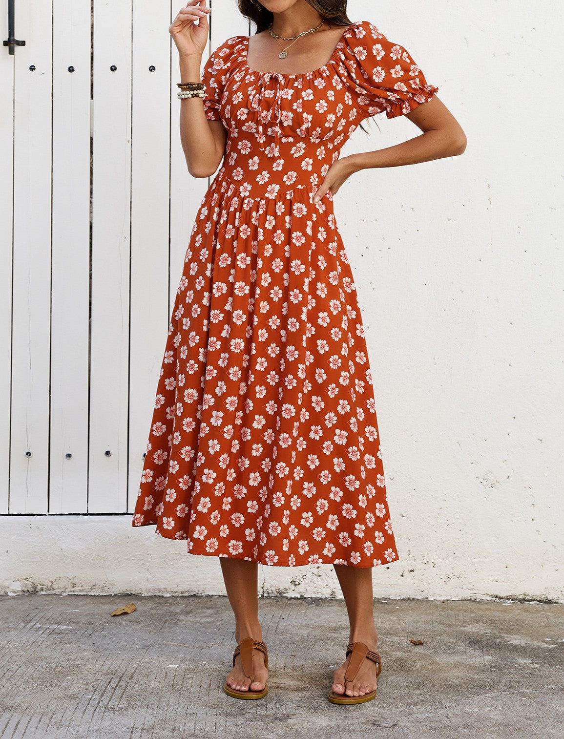 Square Neck Puff Sleeve Floral Midi Dress - Brickred - 4