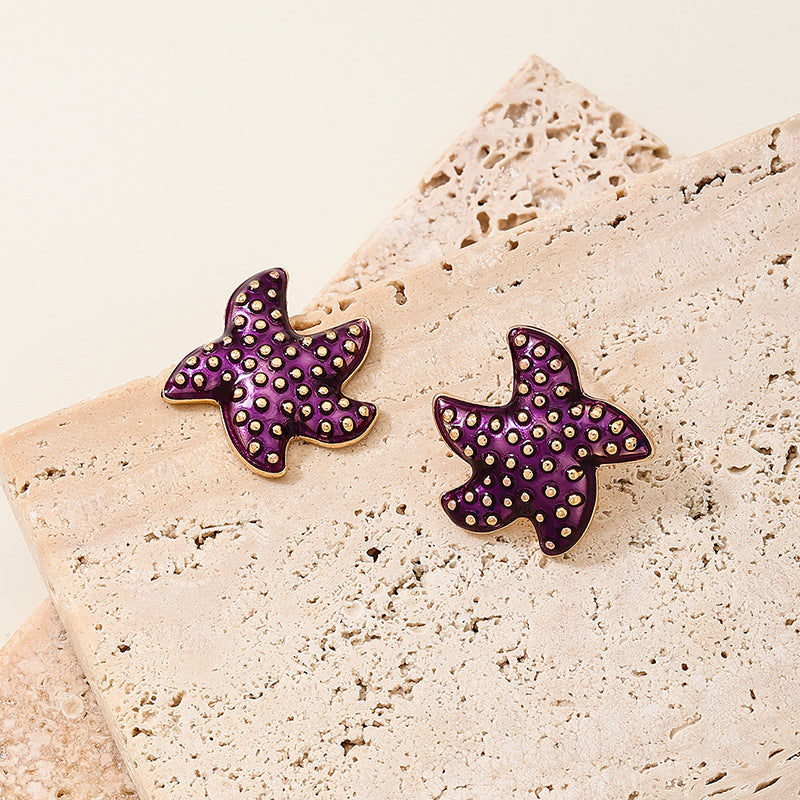 Coastal Starfish Stud Earrings With Rhinestones - Purple