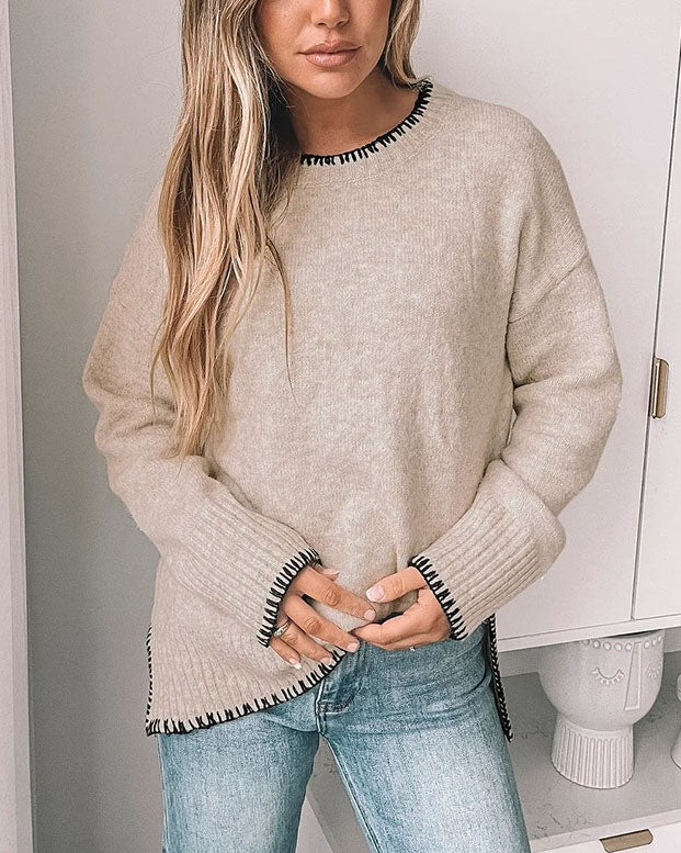 Contrast Whipstitch Crewneck Sweater With Side Slits - Khaki - 2