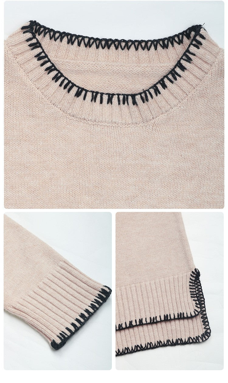 Contrast Whipstitch Crewneck Sweater With Side Slits - Khaki - 3