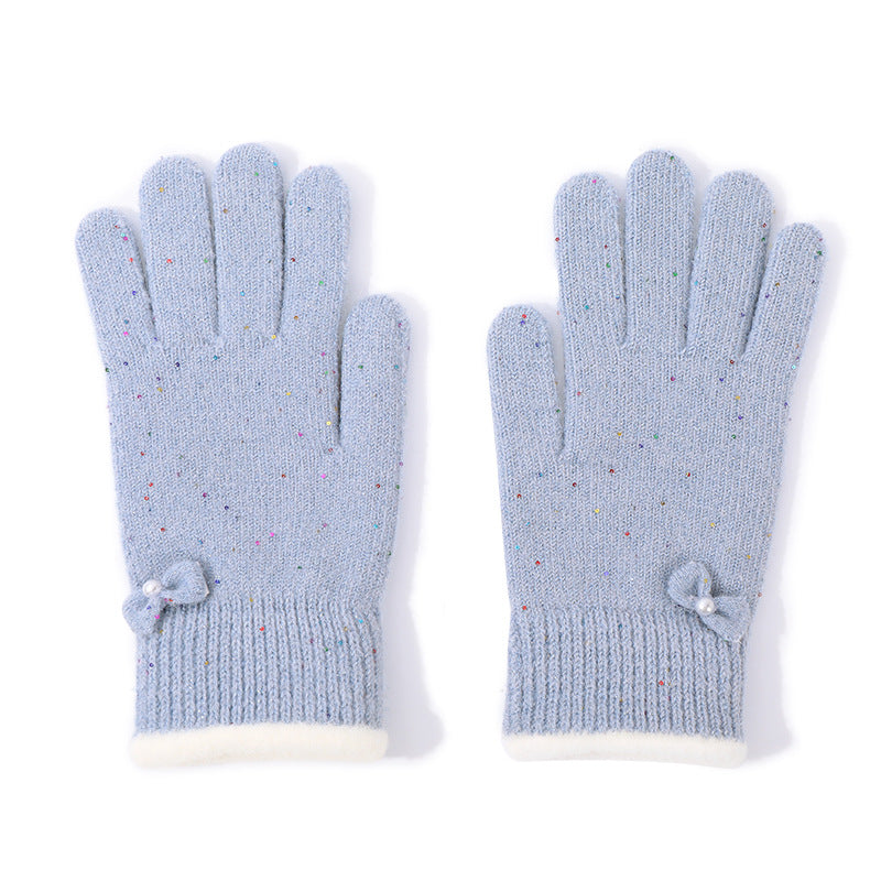 Speckled Knit Gloves With Bow Detail - Bow-Blue