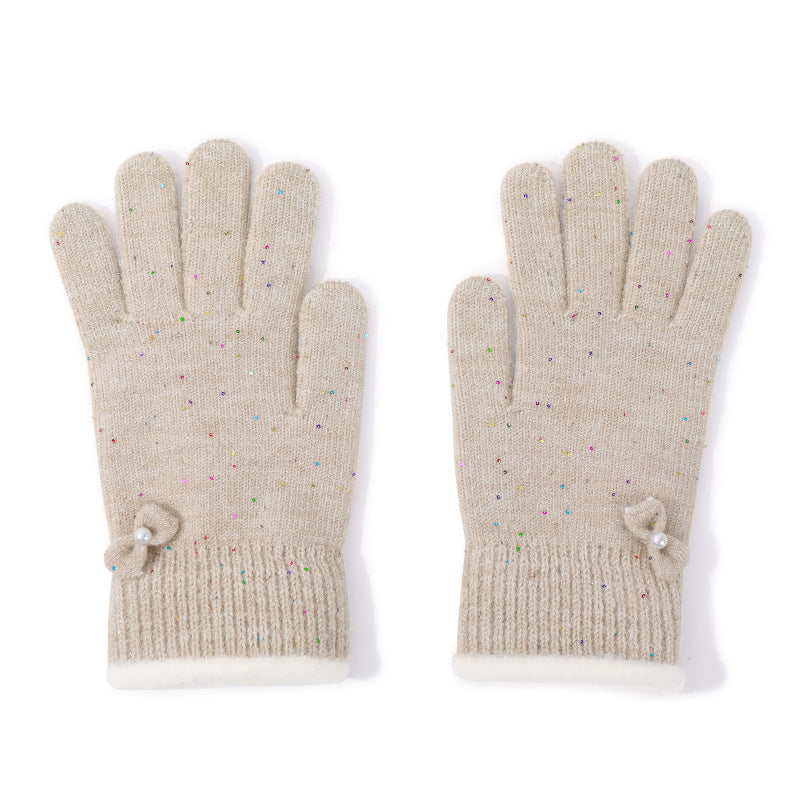 Speckled Knit Gloves With Bow Detail - Bow-Khaki