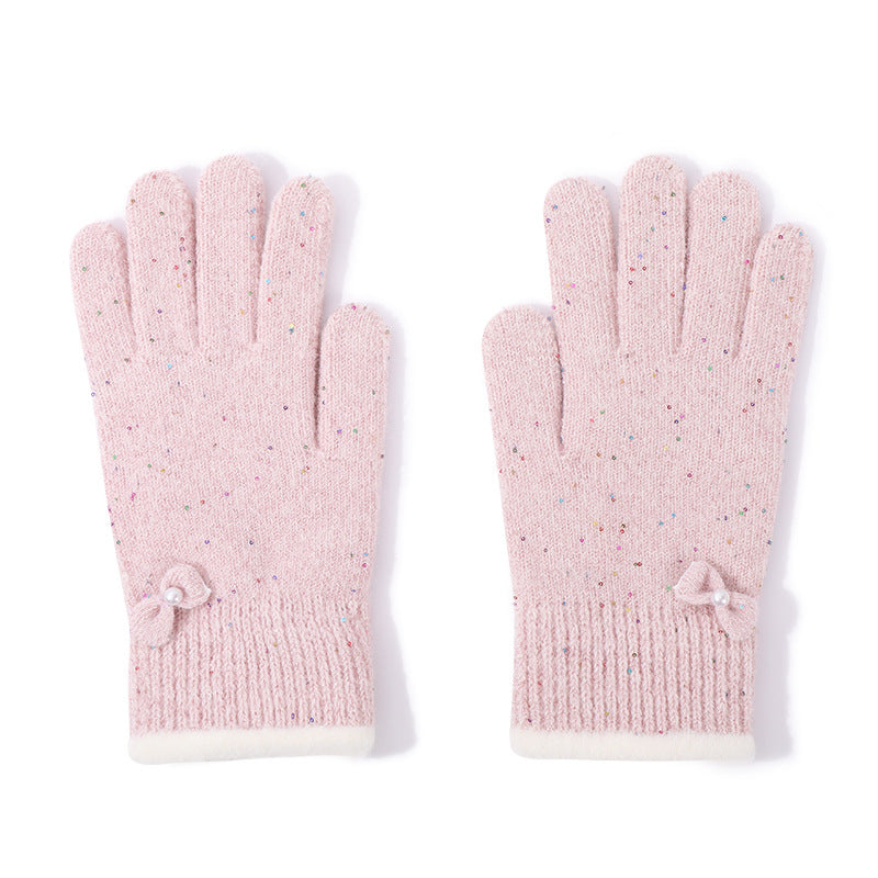 Speckled Knit Gloves With Bow Detail - Bow-Pink