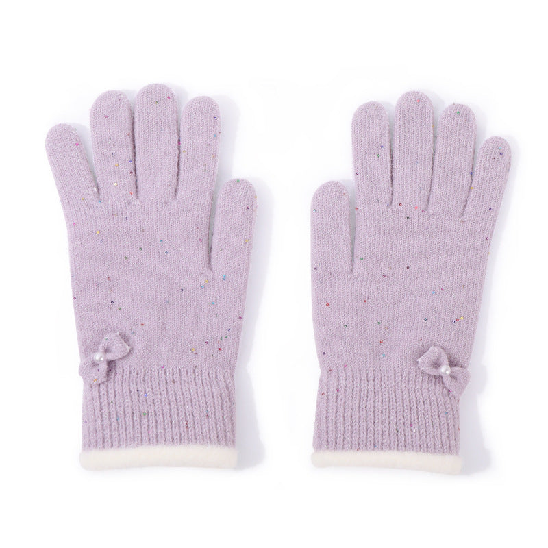 Speckled Knit Gloves With Bow Detail - Bow-Purple