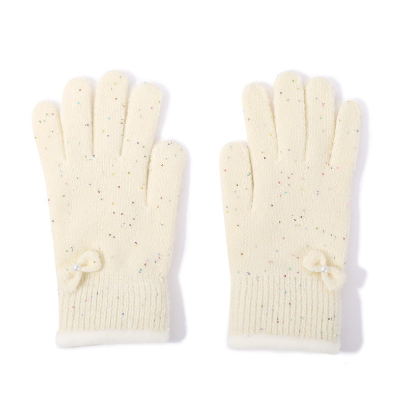 Speckled Knit Gloves With Bow Detail - Bow-White