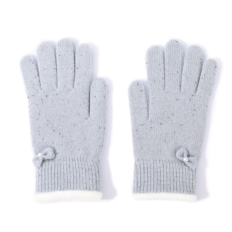 Speckled Knit Gloves With Bow Detail - Light-Blue