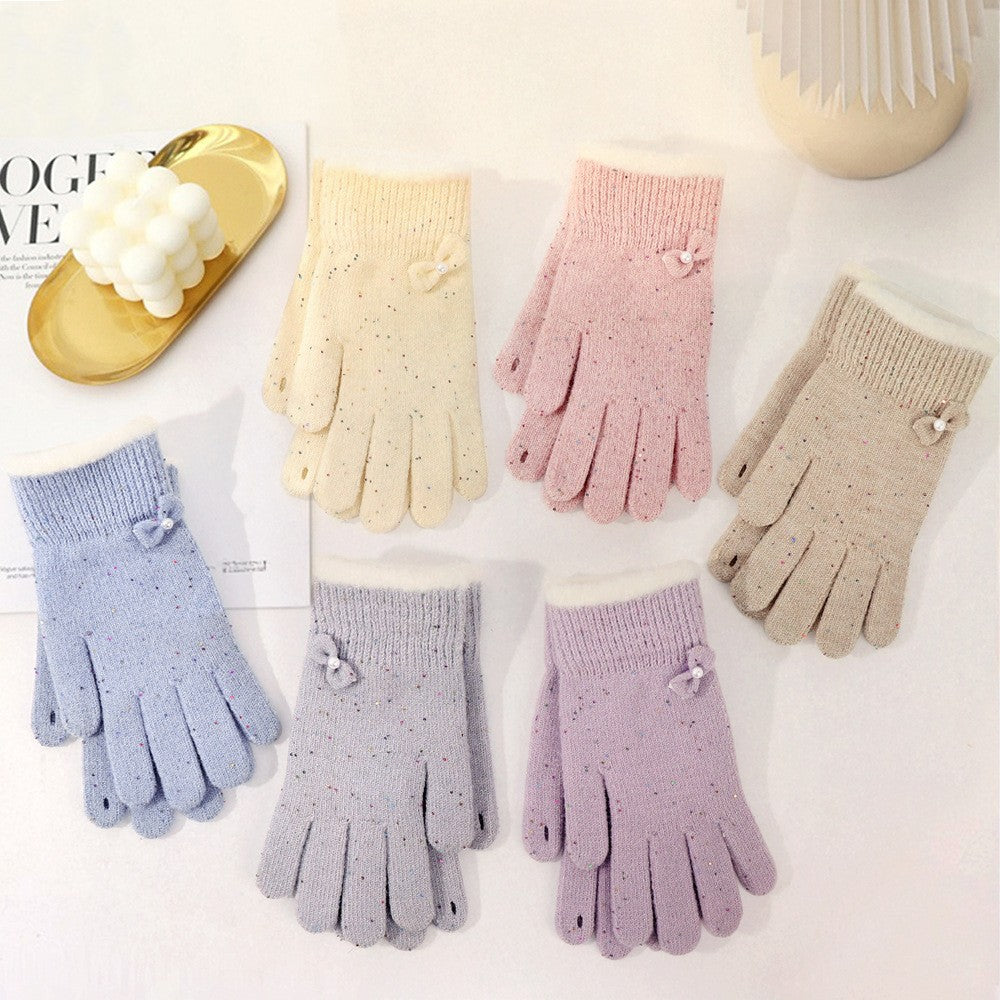 Speckled Knit Gloves With Bow Detail