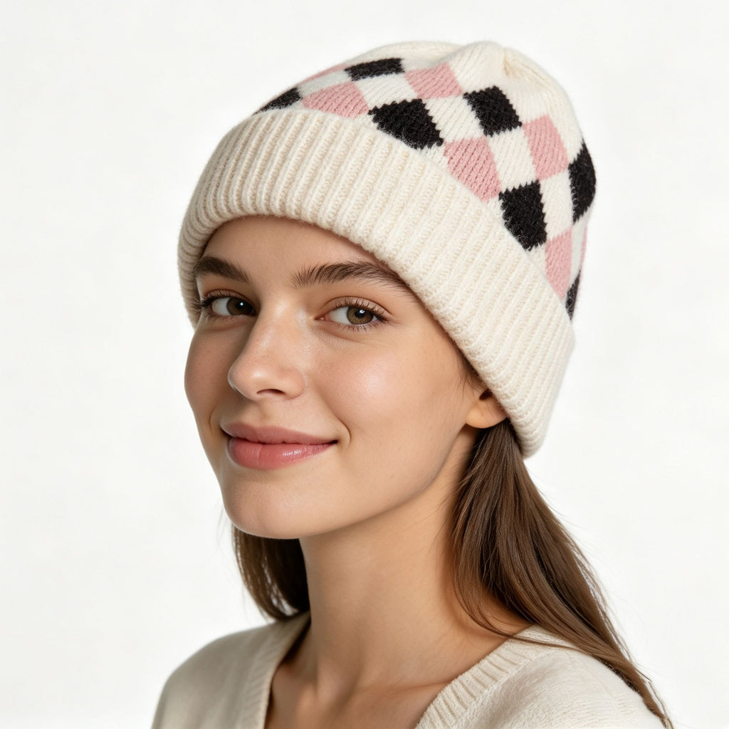 Argyle Pattern Fold Over Cuff Knit Beanie - Beige