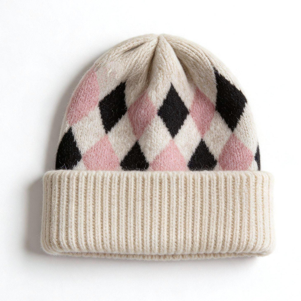 Argyle Pattern Fold Over Cuff Knit Beanie - Beige - 1