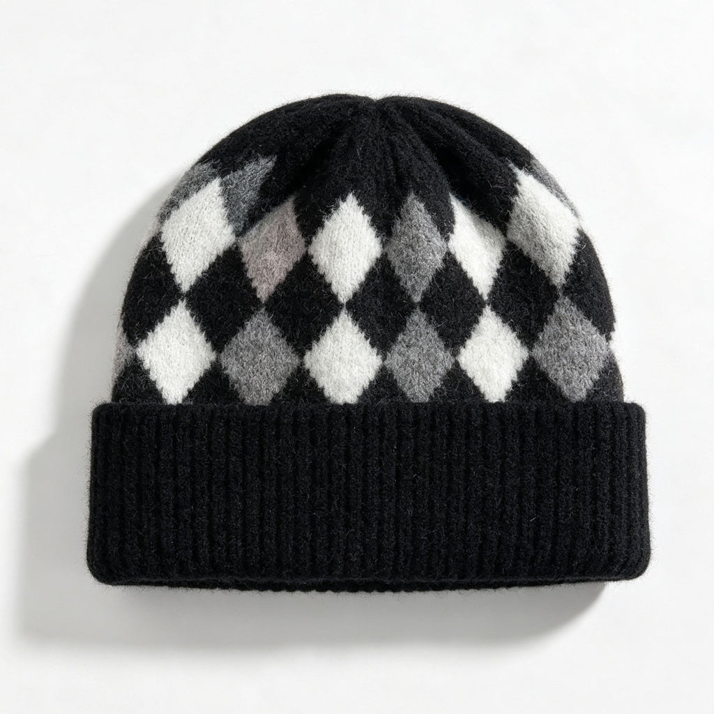Argyle Pattern Fold Over Cuff Knit Beanie - Black