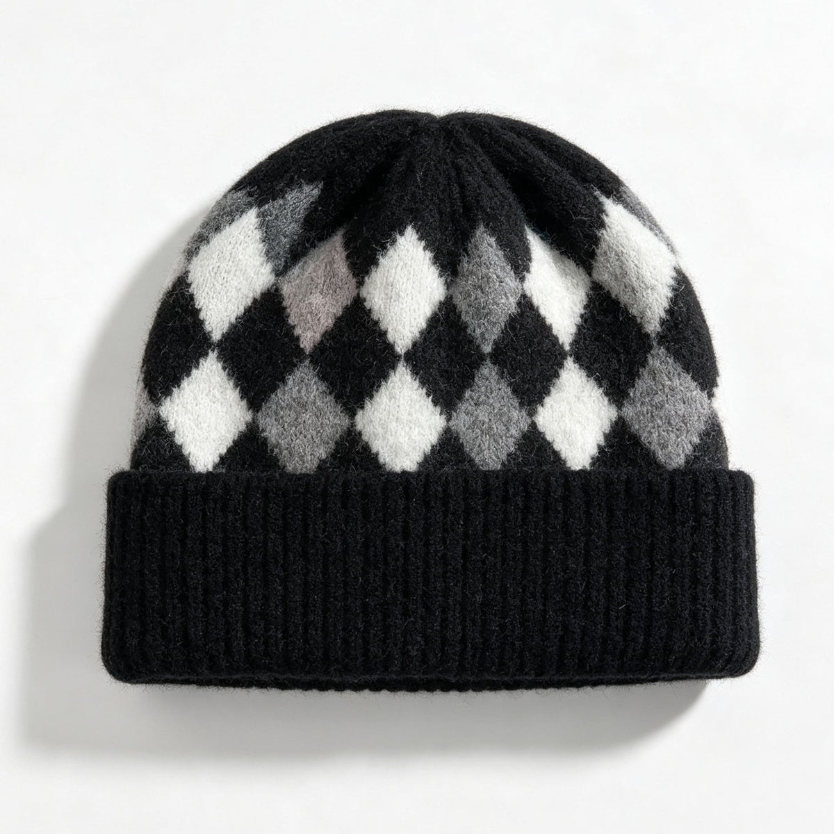 Argyle Pattern Fold Over Cuff Knit Beanie - Black