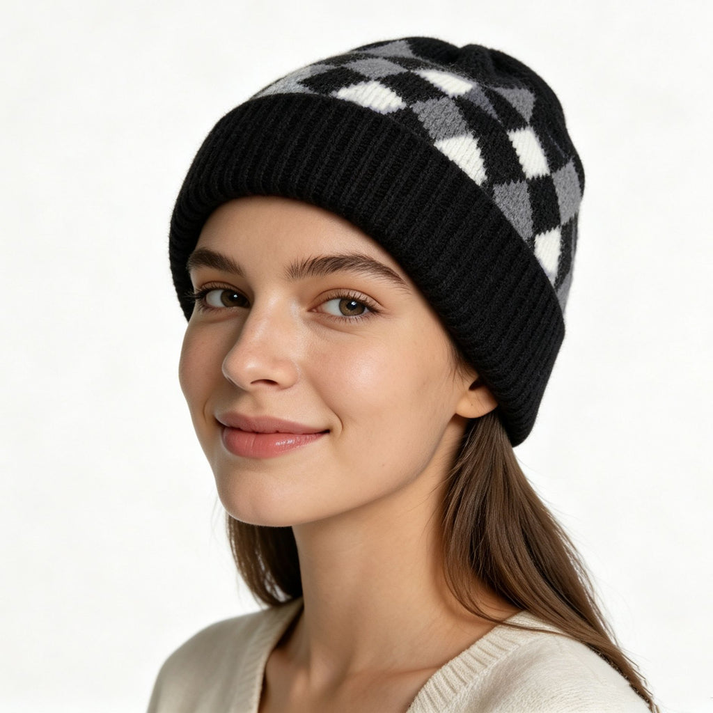 Argyle Pattern Fold Over Cuff Knit Beanie - Black - 1