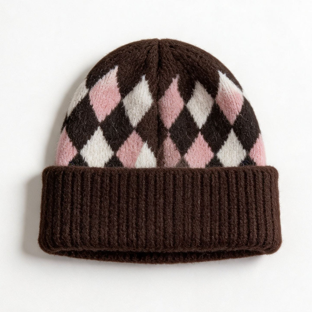 Argyle Pattern Fold Over Cuff Knit Beanie - Brown