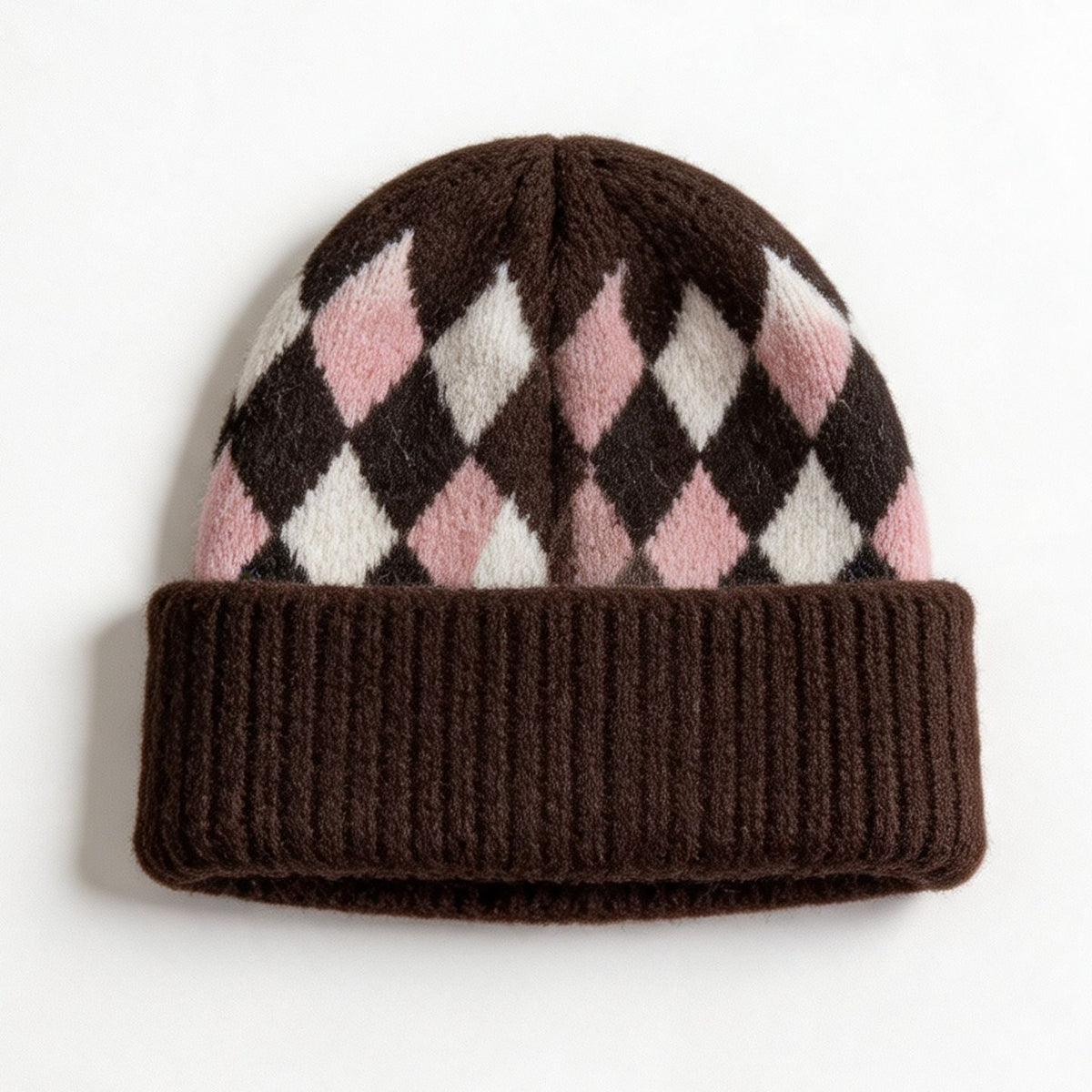 Argyle Pattern Fold Over Cuff Knit Beanie - Brown