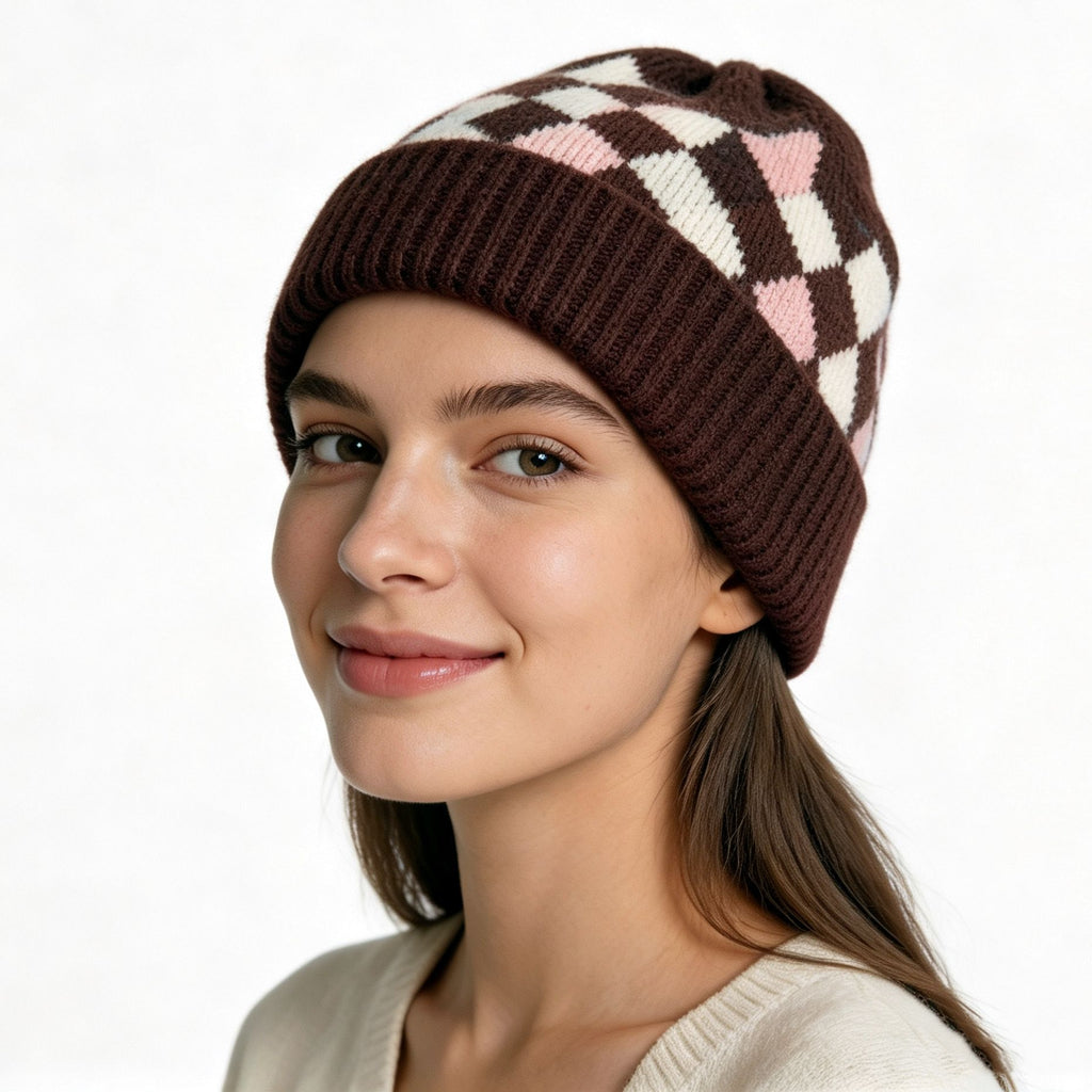 Argyle Pattern Fold Over Cuff Knit Beanie - Brown - 1