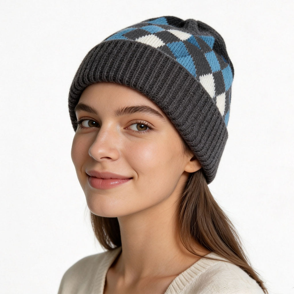 Argyle Pattern Fold Over Cuff Knit Beanie - DarkGrey - 1