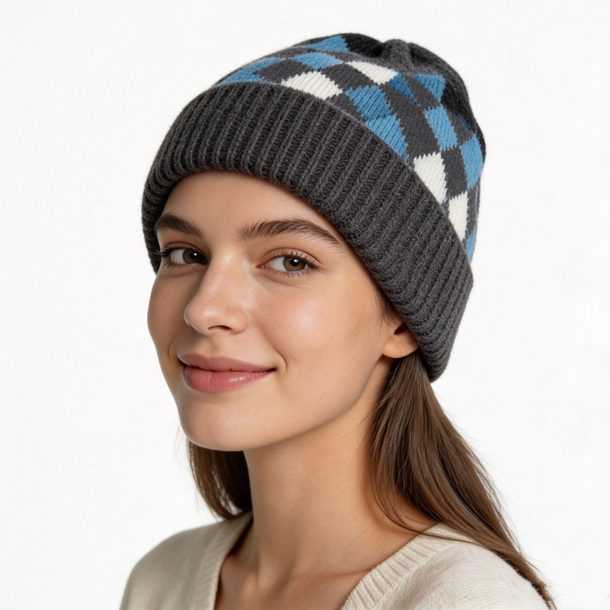 Argyle Pattern Fold Over Cuff Knit Beanie - DarkGrey - 1
