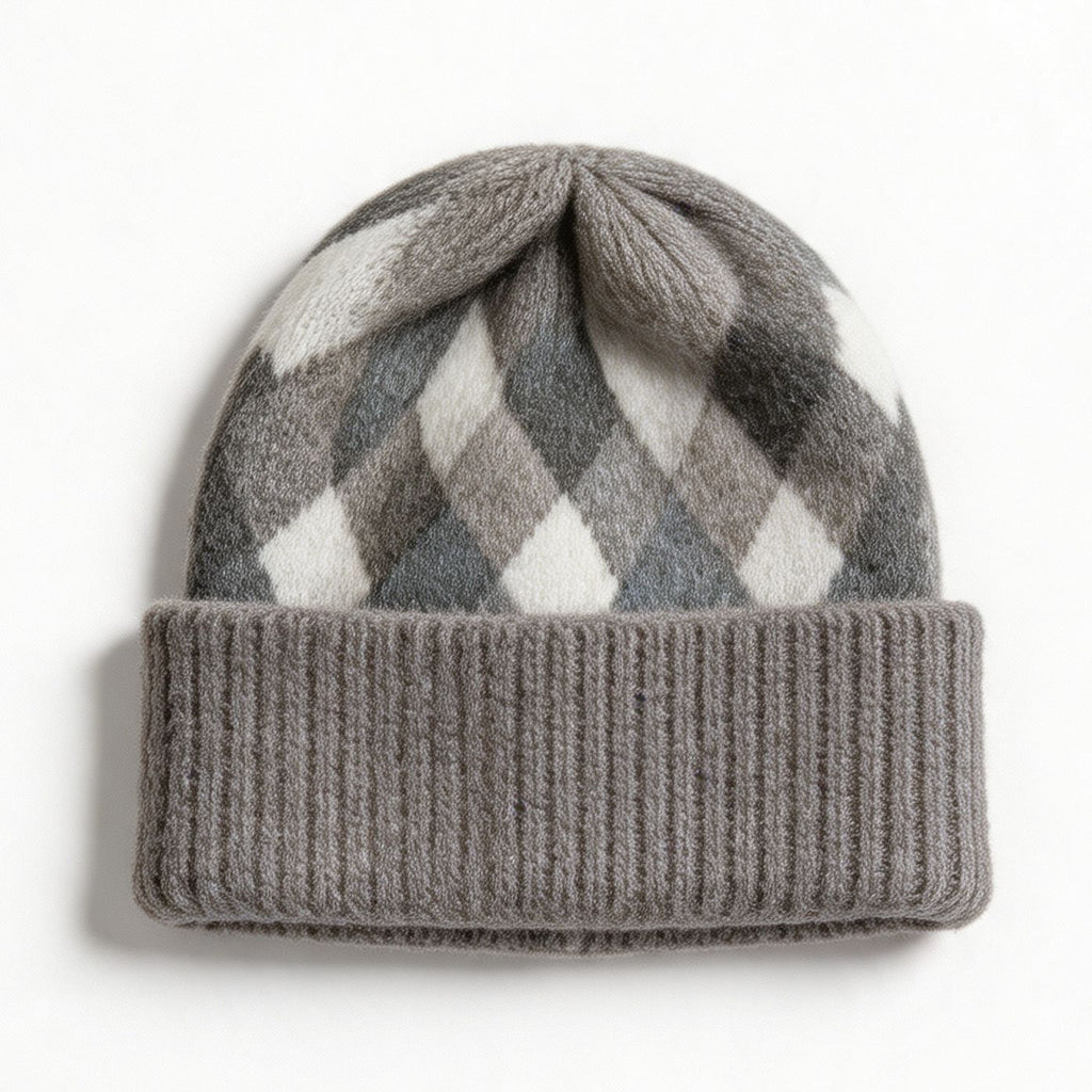 Argyle Pattern Fold Over Cuff Knit Beanie - Grey