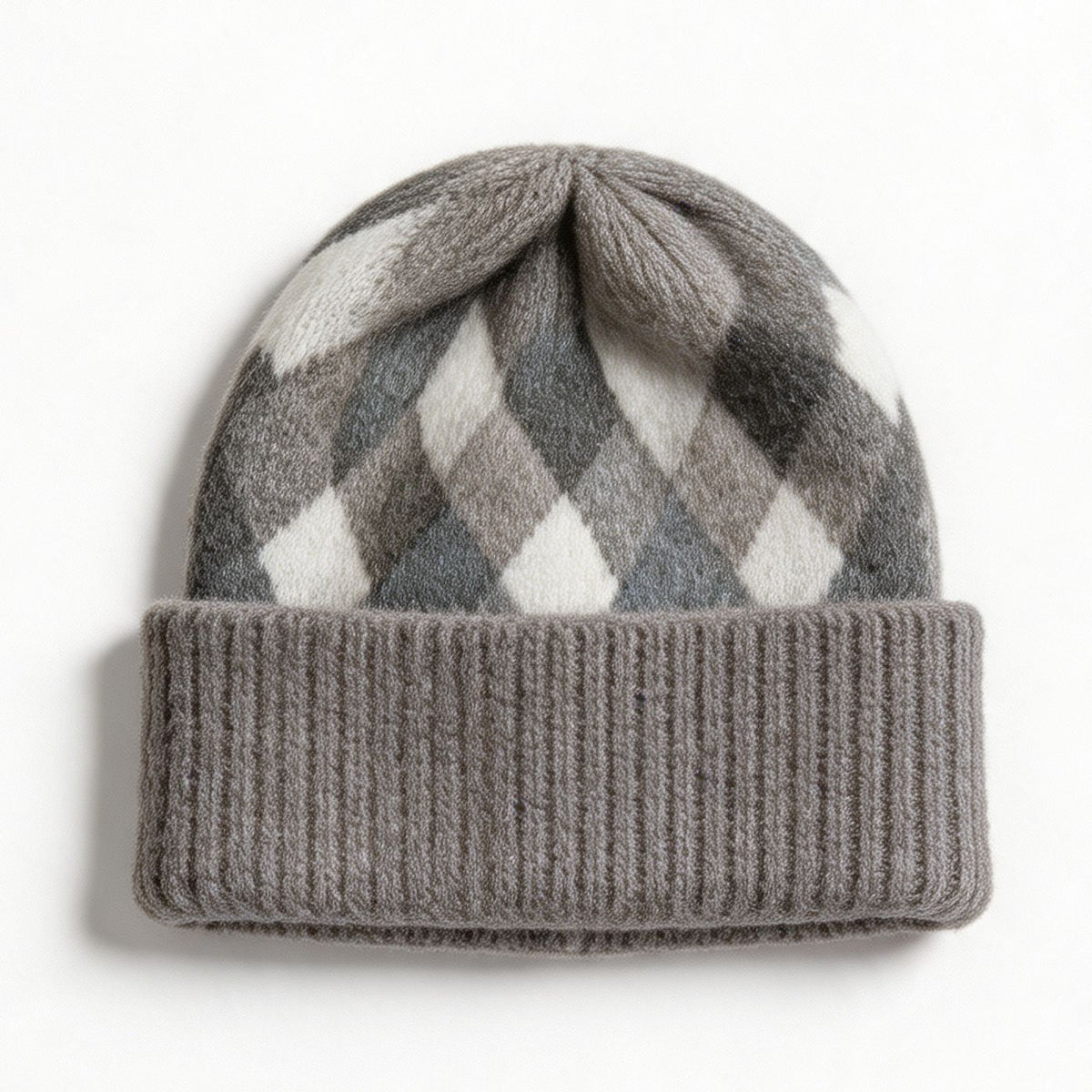 Argyle Pattern Fold Over Cuff Knit Beanie - Grey
