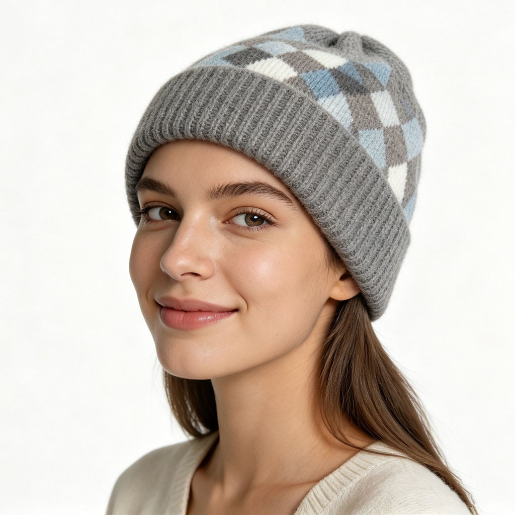 Argyle Pattern Fold Over Cuff Knit Beanie - Grey - 1