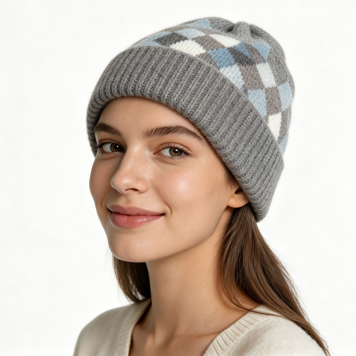 Argyle Pattern Fold Over Cuff Knit Beanie - Grey - 1