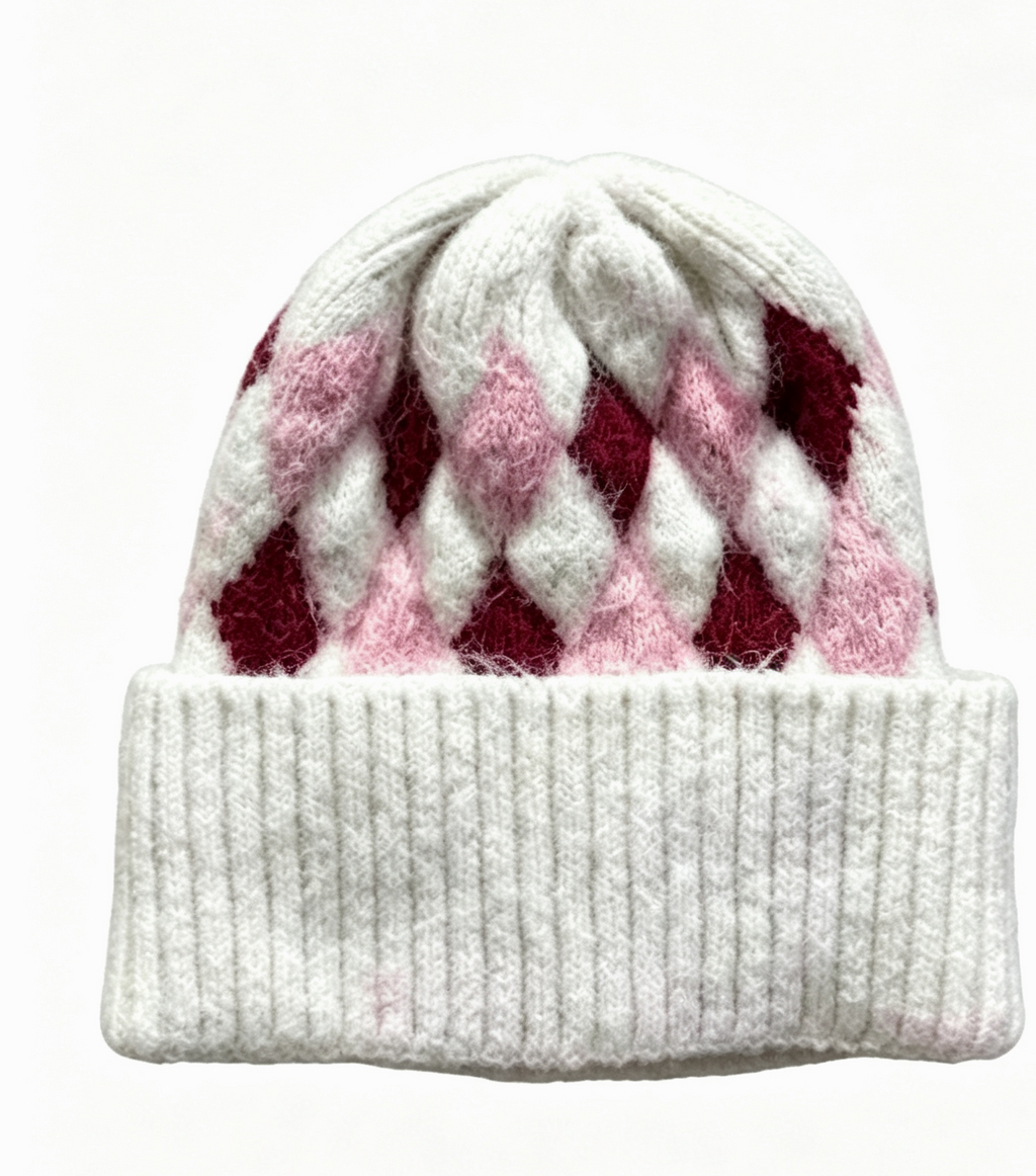 Argyle Pattern Fold Over Cuff Knit Beanie - White