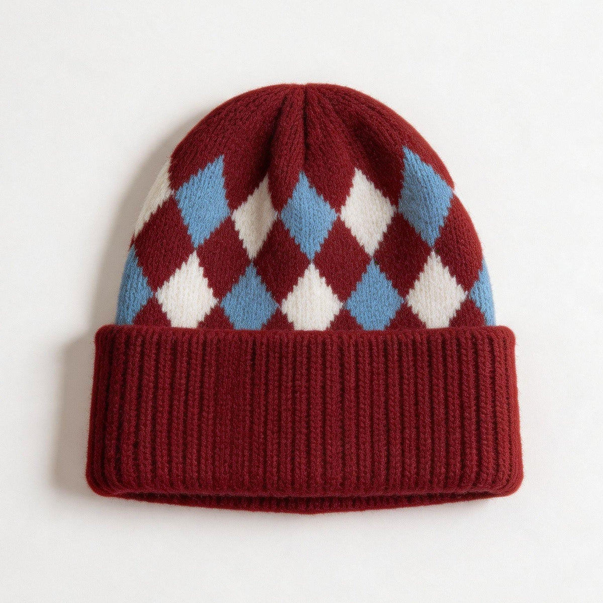 Argyle Pattern Fold Over Cuff Knit Beanie - Wine_Red