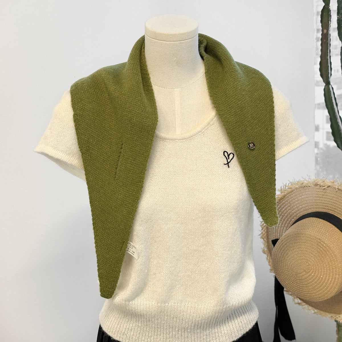 Soft Knit Keyhole Pull Through Triangle Neck Scarf - Bean_Green - 1