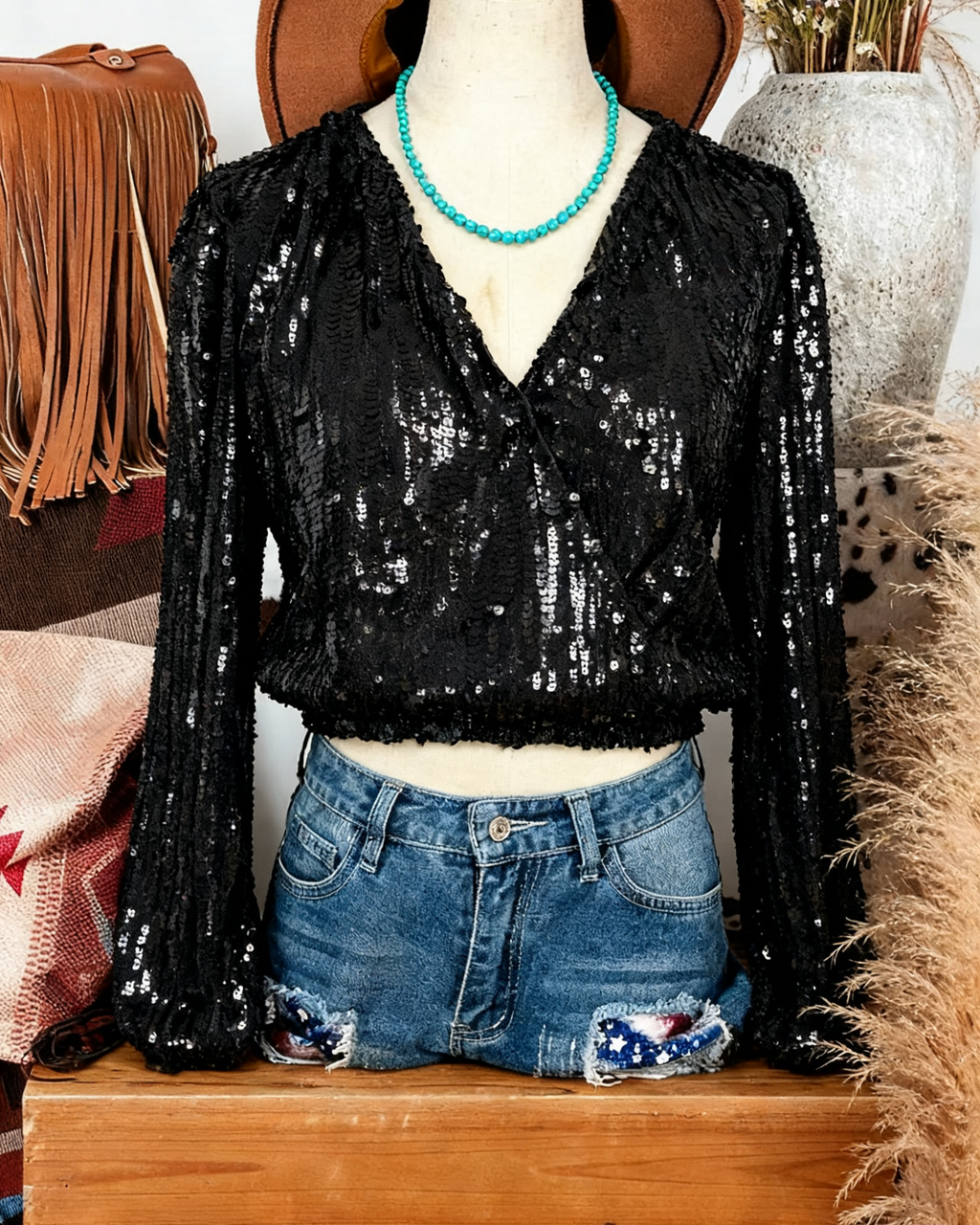 Sequin Wrap Front Balloon Sleeve Party Blouse - Black