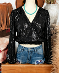 Sequin Wrap Front Balloon Sleeve Party Blouse - Black