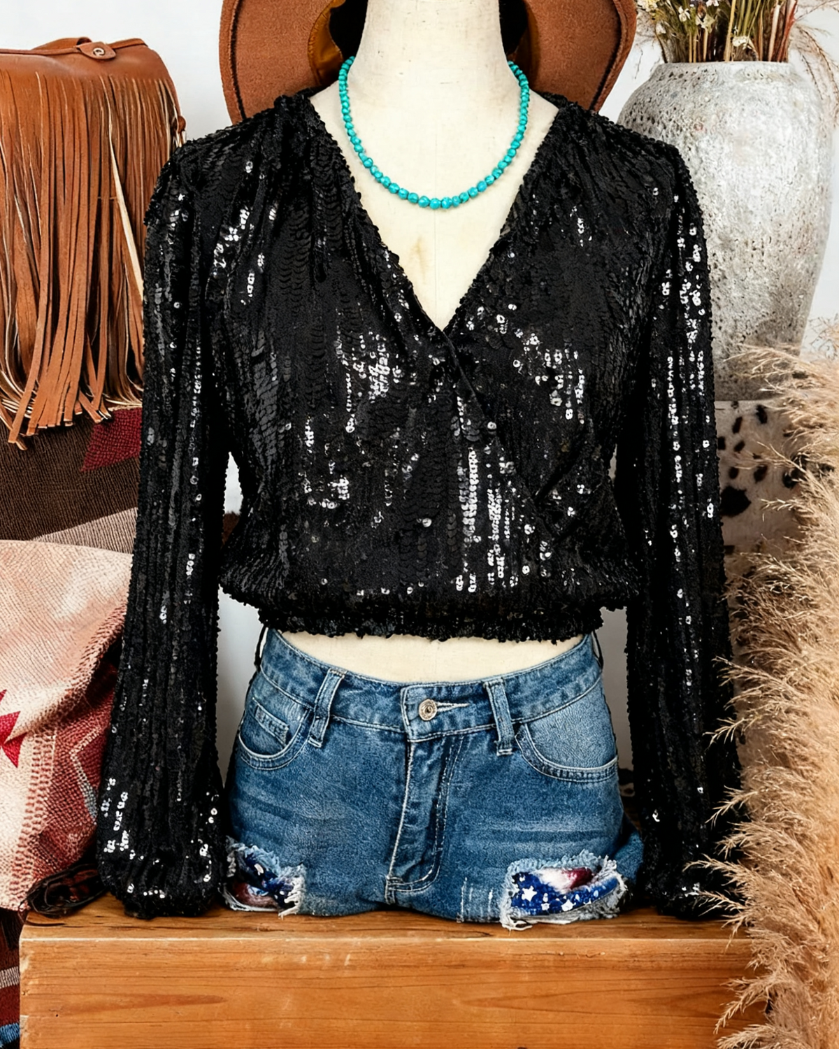 Sequin Wrap Front Balloon Sleeve Party Blouse - Black
