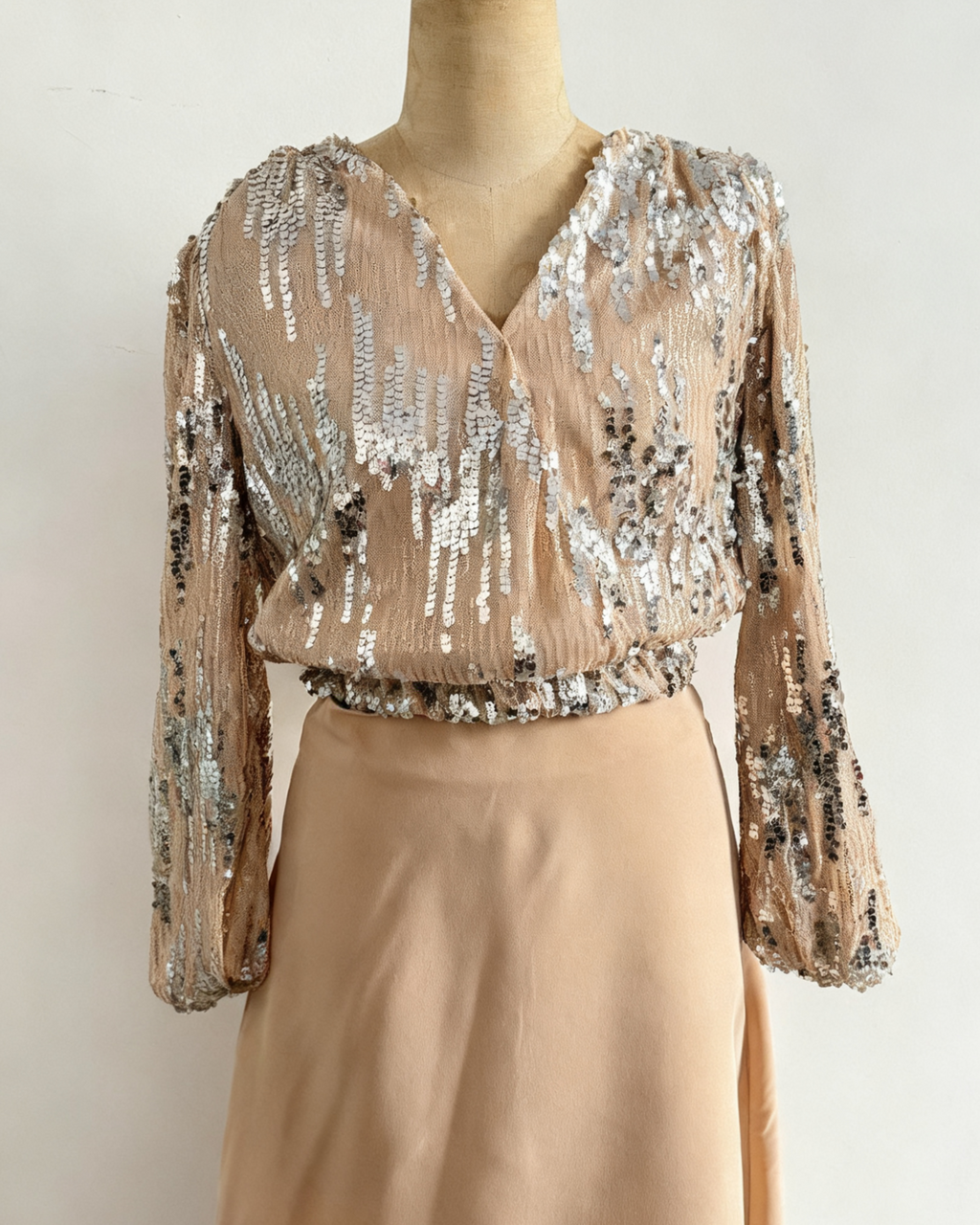 Sequin Wrap Front Balloon Sleeve Party Blouse - Golden - 1