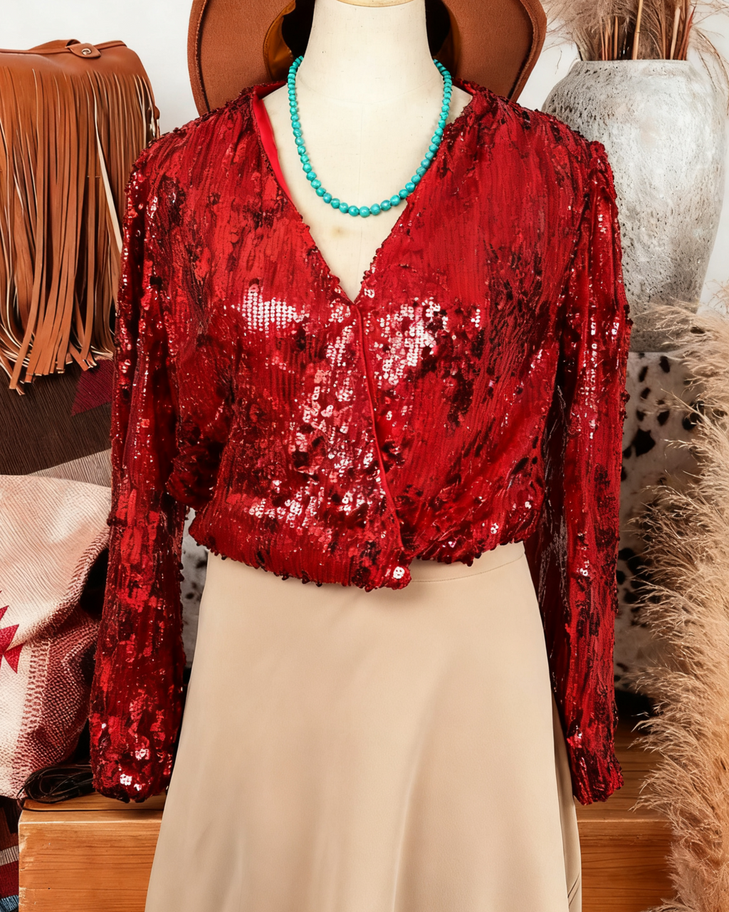 Sequin Wrap Front Balloon Sleeve Party Blouse - Red