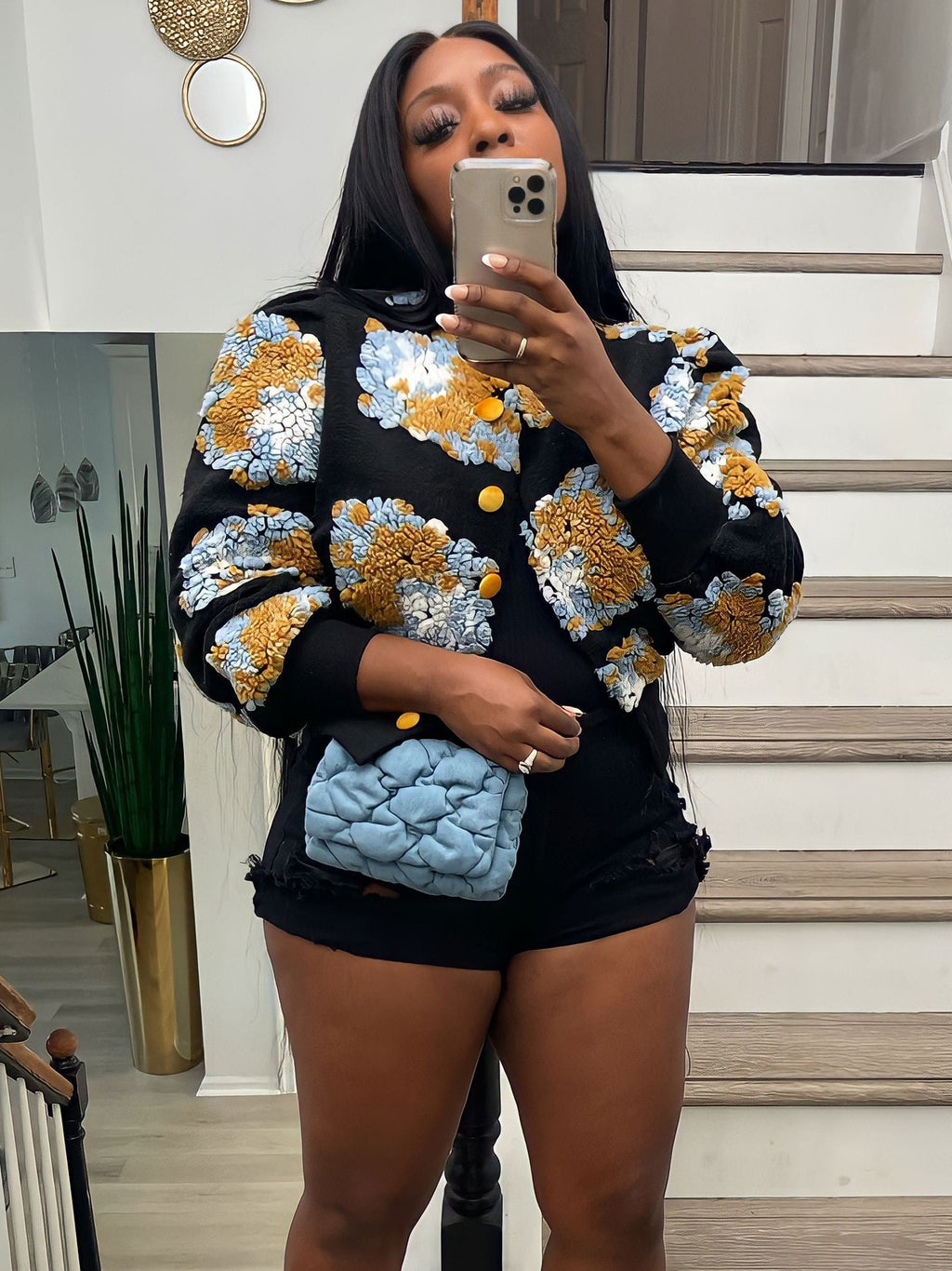 Puff Floral Applique Cropped Bomber Jacket - black-1