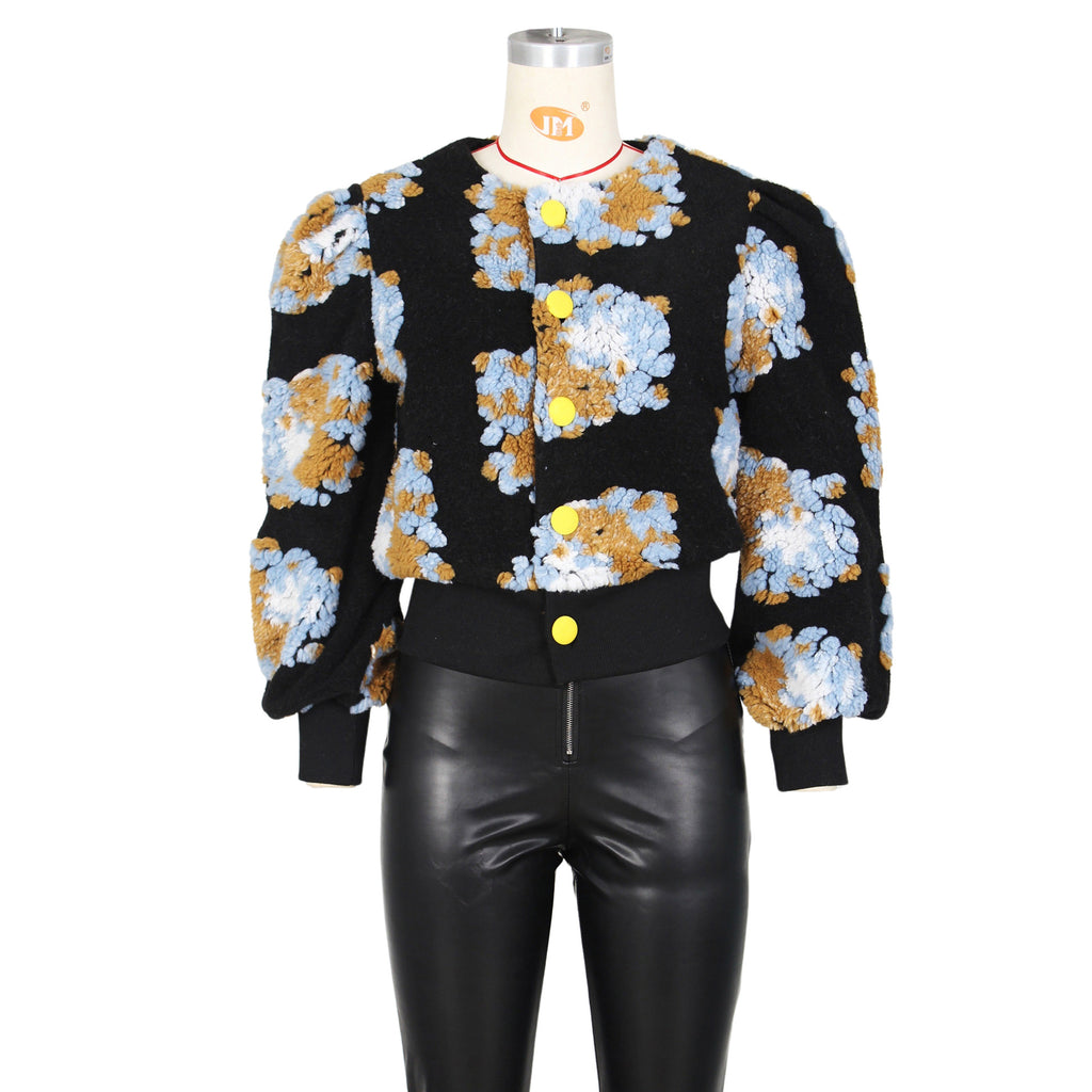 Puff Floral Applique Cropped Bomber Jacket - black-1 - 1