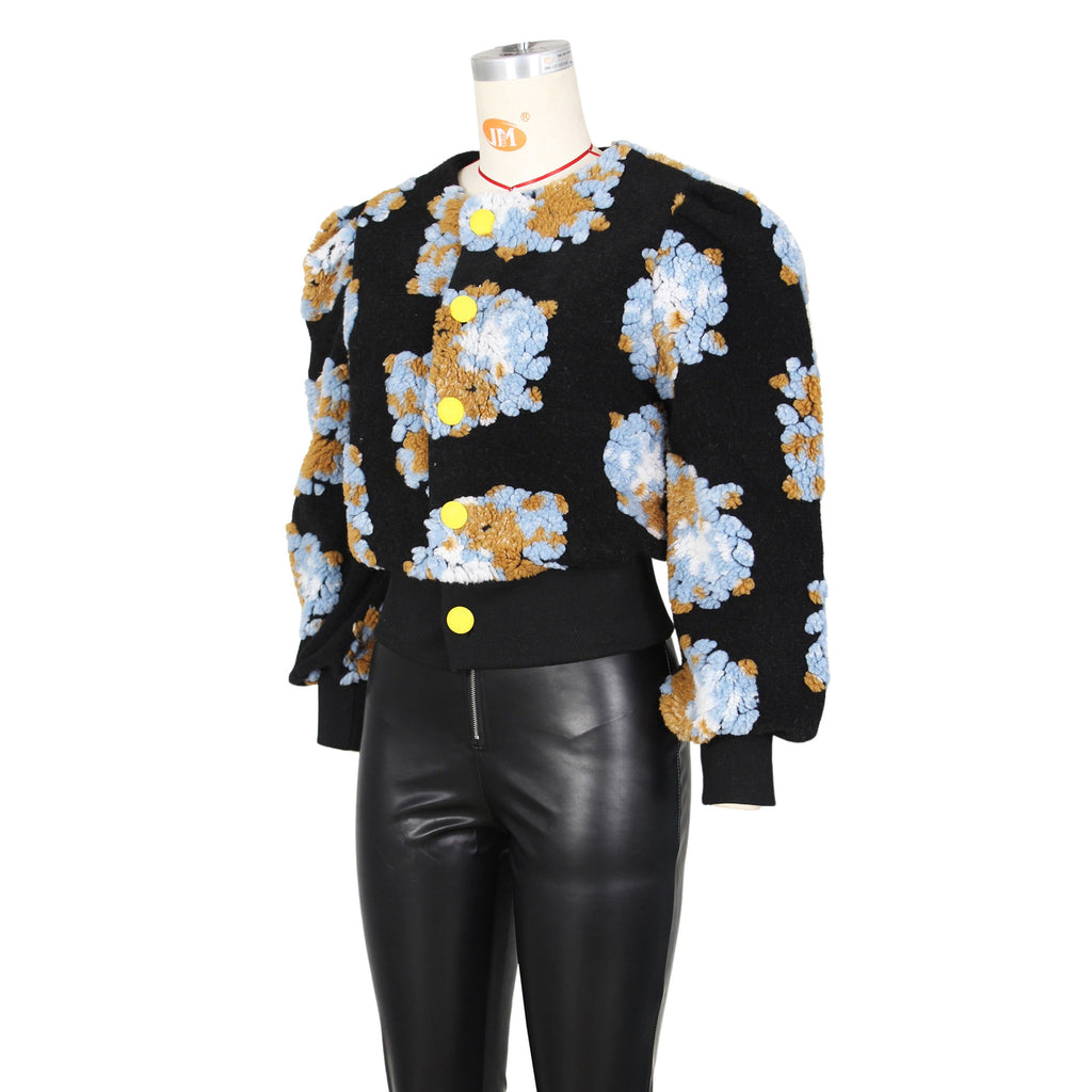 Puff Floral Applique Cropped Bomber Jacket - black-1 - 2
