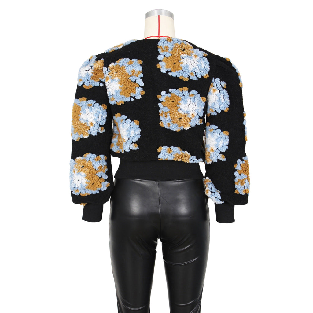 Puff Floral Applique Cropped Bomber Jacket - black-1 - 3